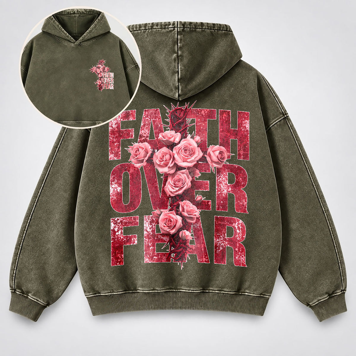 Faith Over Fear Washed Hoodie - Roses & Crown of Thorns Vintage Christian Hoodie