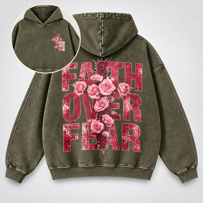 Faith Over Fear Washed Hoodie - Roses & Crown of Thorns Vintage Christian Hoodie