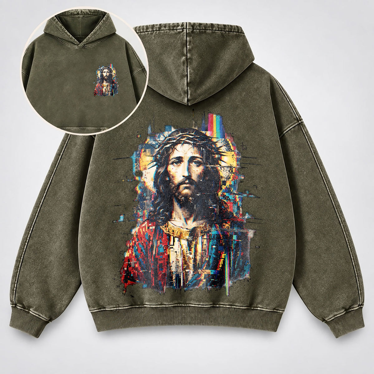 Jesus Glitch Art Washed Hoodie