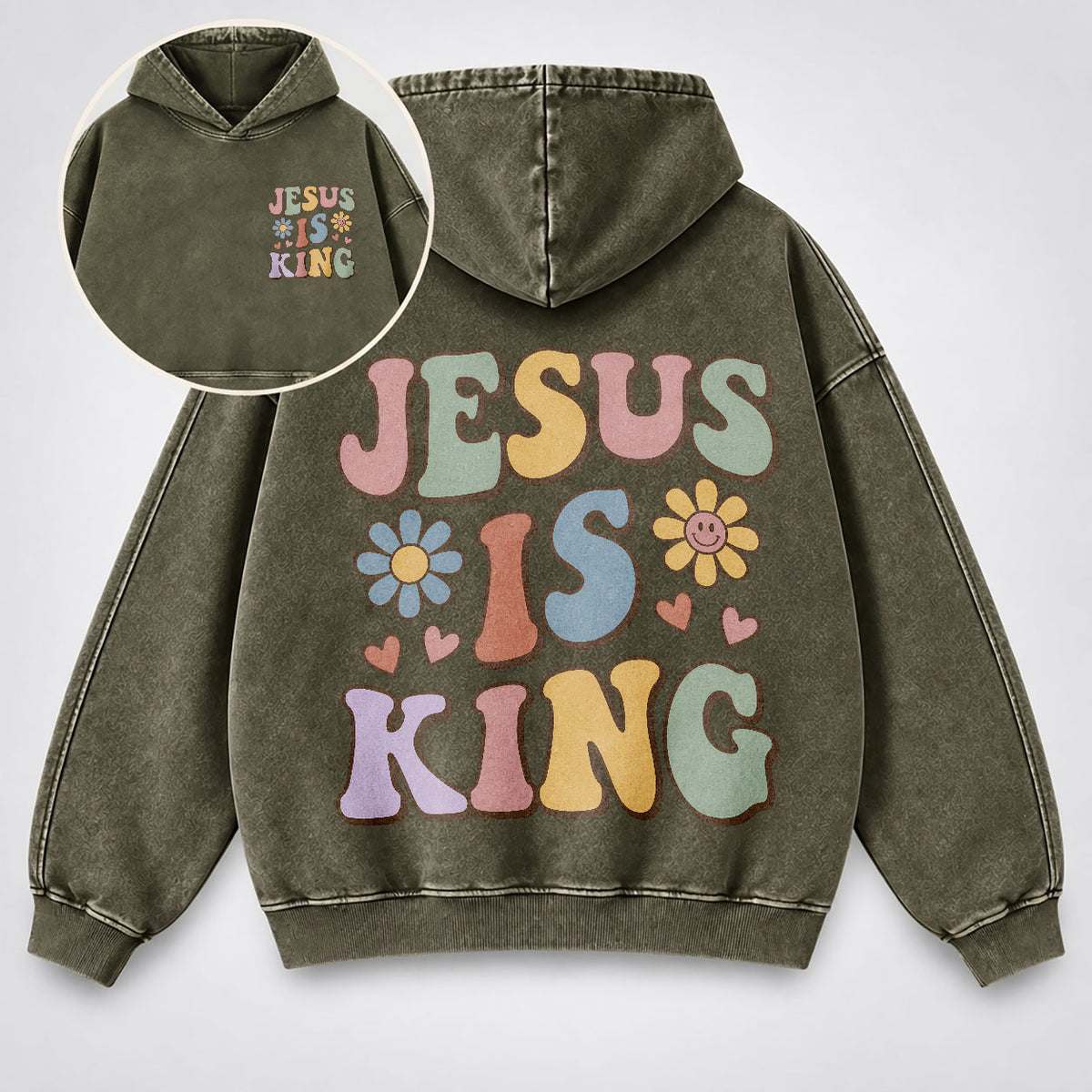 Jesus Is King Washed Hoodie – Retro Groovy Pastel Daisy Christian Hoodie
