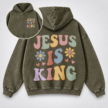 Jesus Is King Washed Hoodie – Retro Groovy Pastel Daisy Christian Hoodie