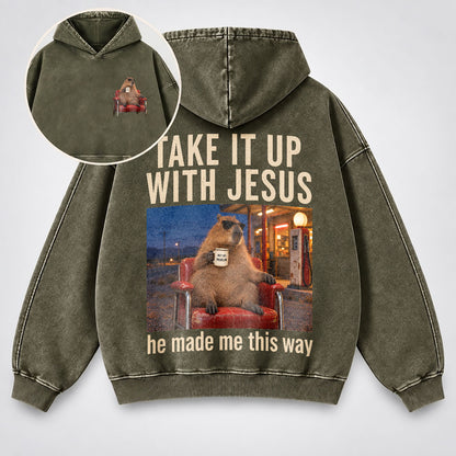 Take It Up With Jesus Hoodie – Funny Capybara Christian Washed Hoodie