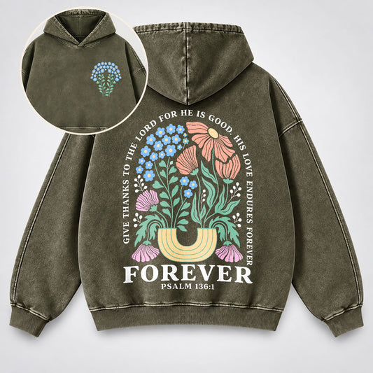 His Love Endures Forever Washed Hoodie – Boho Wildflower Christian Hoodie