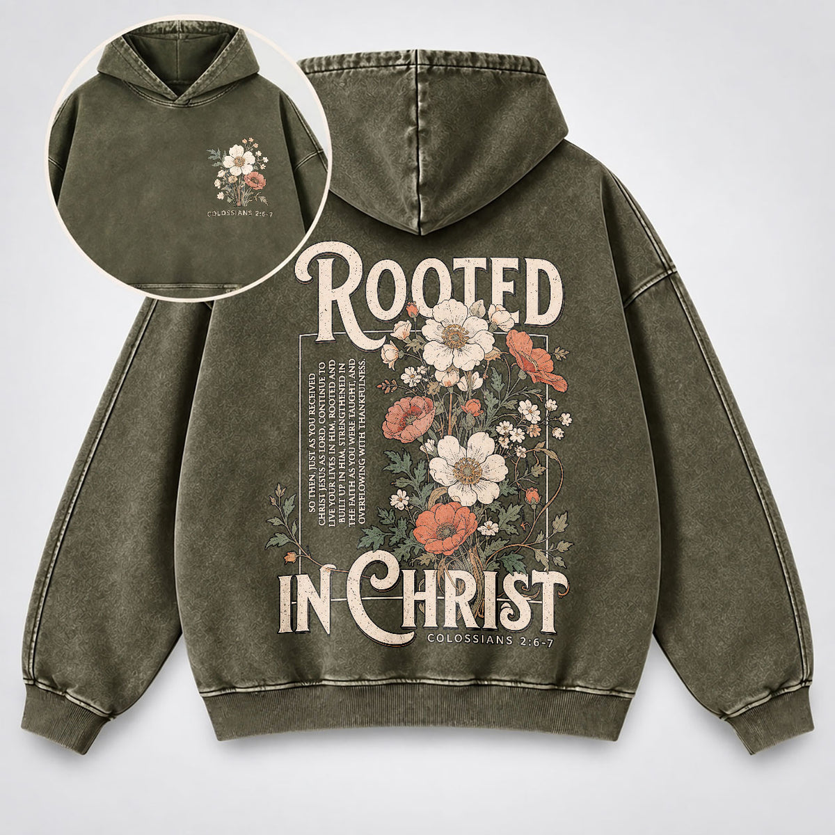 Rooted in Christ Washed Hoodie – Vintage Floral Bible Verse Christian Hoodie