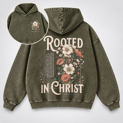 Rooted in Christ Washed Hoodie – Vintage Floral Bible Verse Christian Hoodie