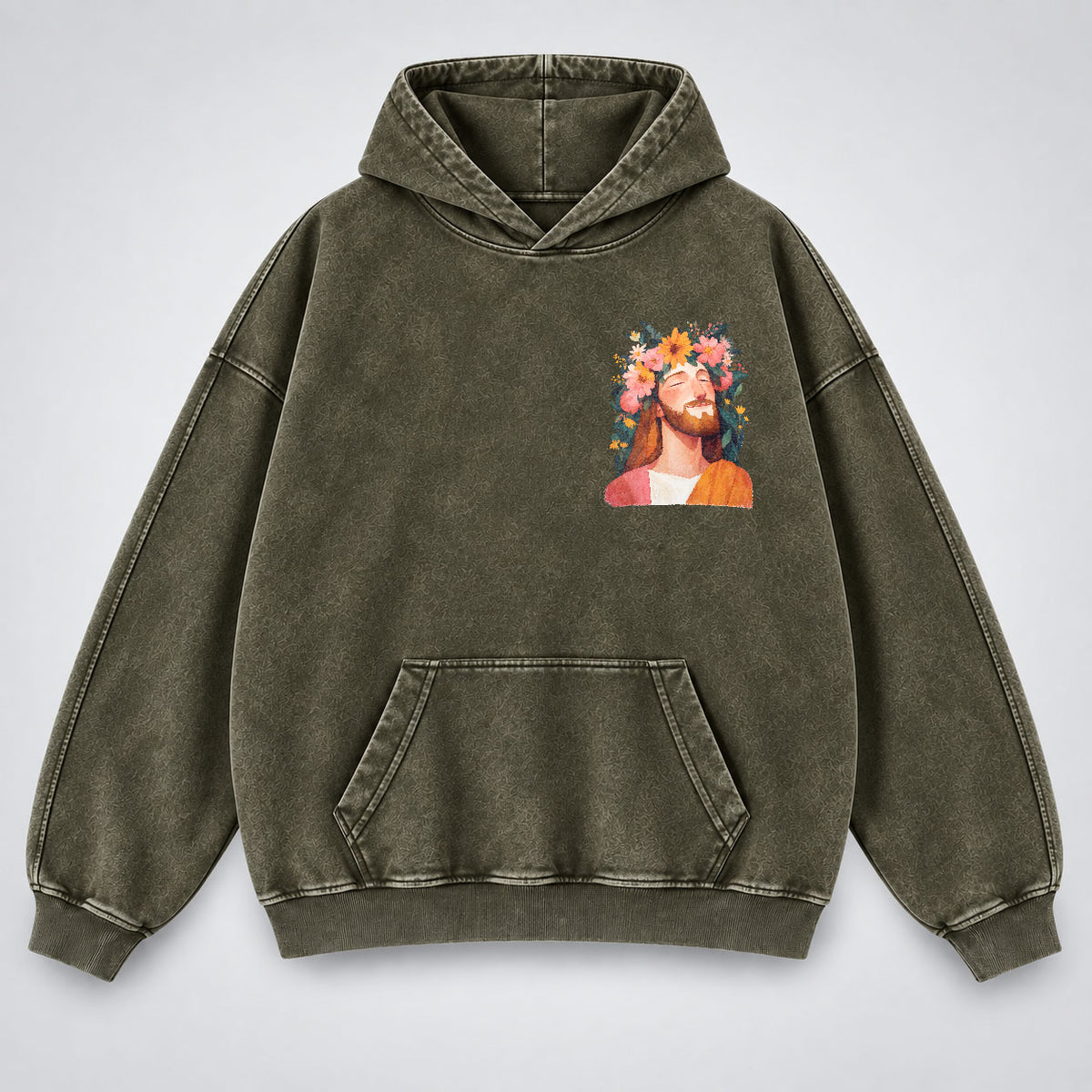 Jesus Floral Crown Washed Hoodie – Watercolor Christian Faith Hoodie