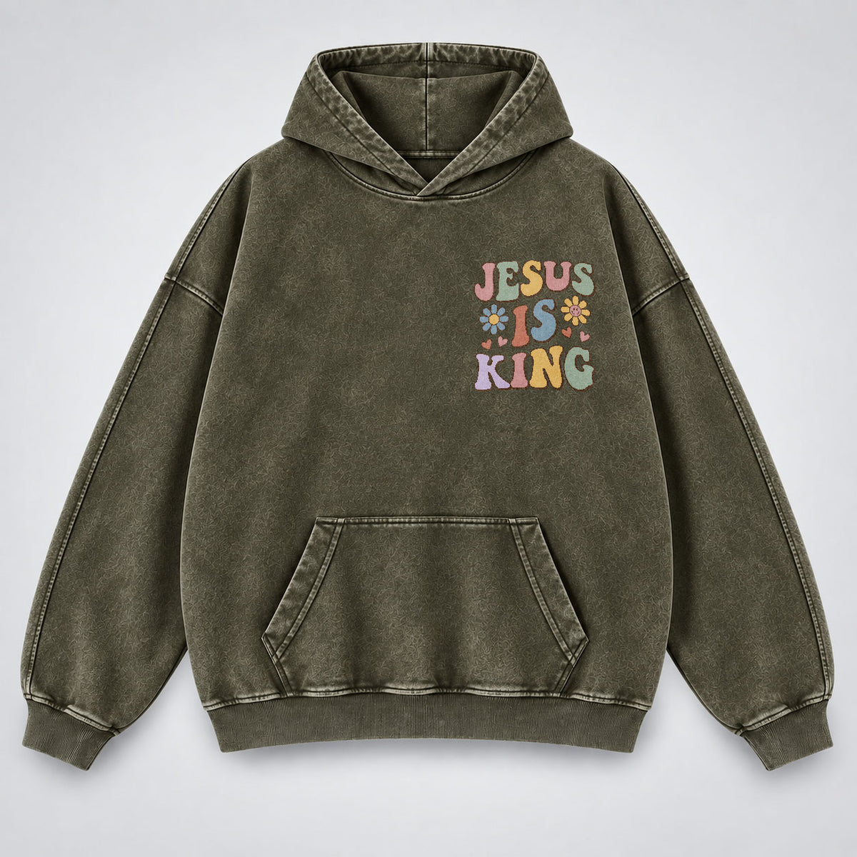 Jesus Is King Washed Hoodie – Retro Groovy Pastel Daisy Christian Hoodie
