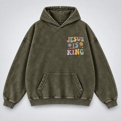 Jesus Is King Washed Hoodie – Retro Groovy Pastel Daisy Christian Hoodie