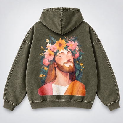 Jesus Floral Crown Washed Hoodie – Watercolor Christian Faith Hoodie