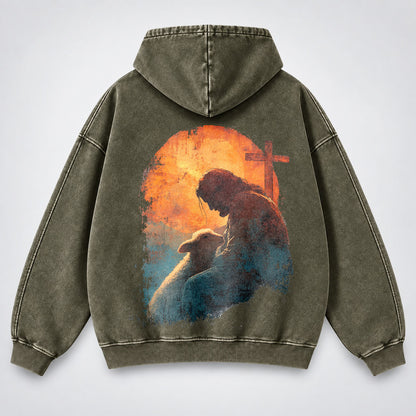 Jesus Good Shepherd Washed Hoodie – Lamb & Cross Christian Hoodie