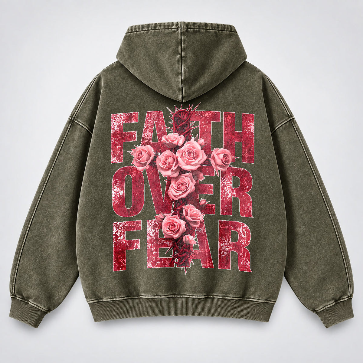 Faith Over Fear Washed Hoodie - Roses & Crown of Thorns Vintage Christian Hoodie