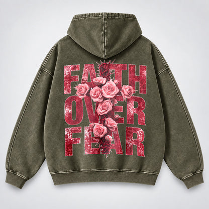 Faith Over Fear Washed Hoodie - Roses & Crown of Thorns Vintage Christian Hoodie