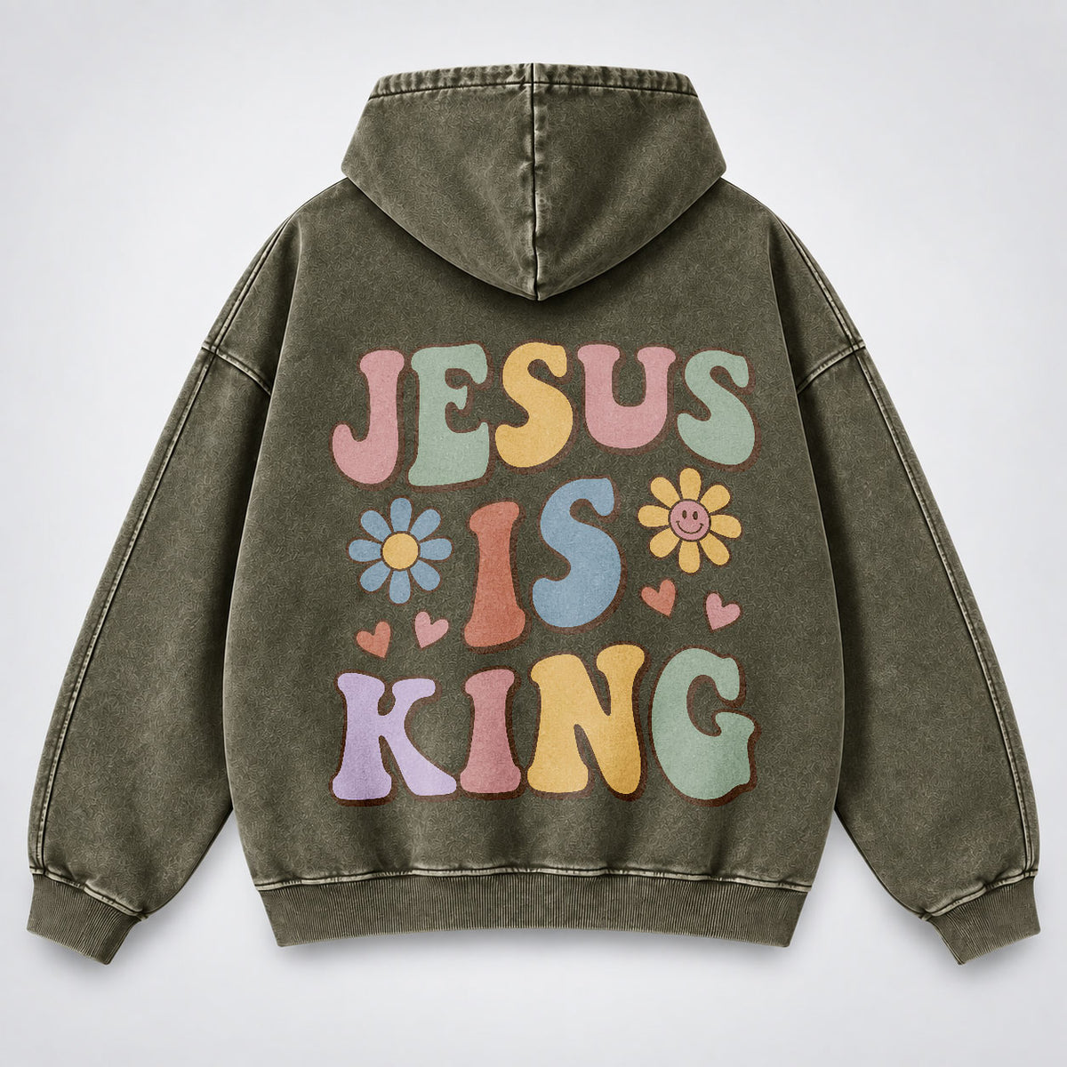 Jesus Is King Washed Hoodie – Retro Groovy Pastel Daisy Christian Hoodie