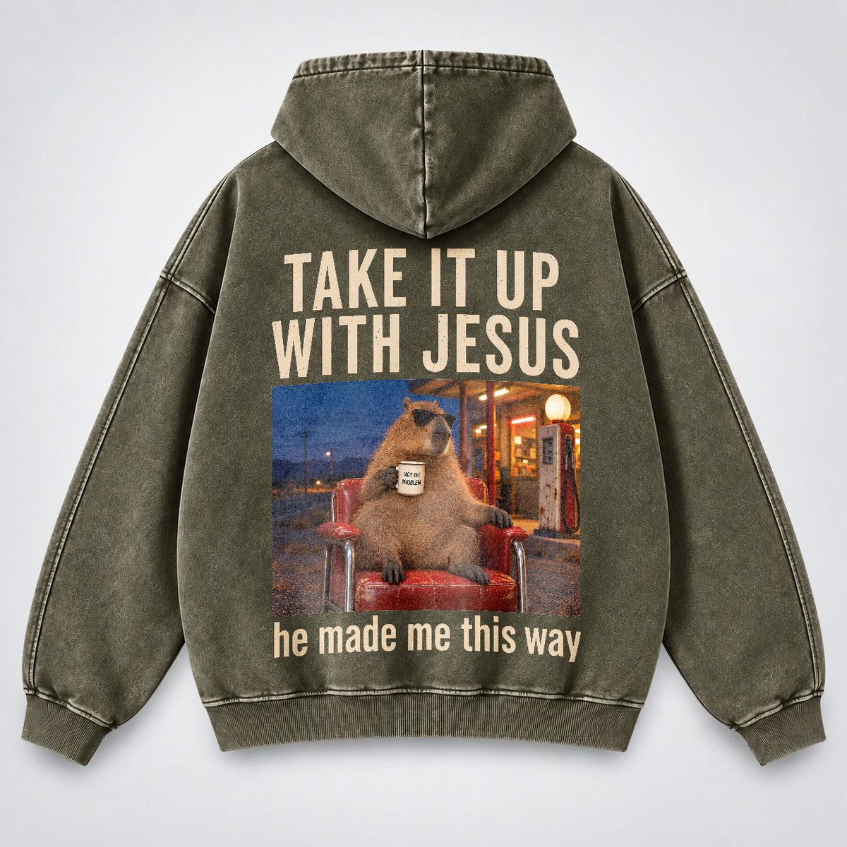 Take It Up With Jesus Hoodie – Funny Capybara Christian Washed Hoodie