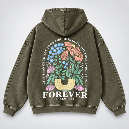 His Love Endures Forever Washed Hoodie – Boho Wildflower Christian Hoodie