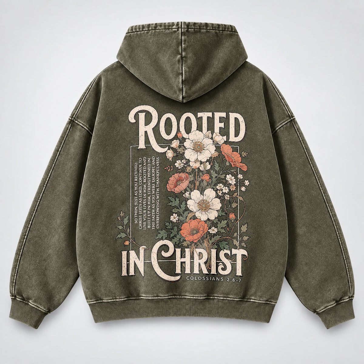 Rooted in Christ Washed Hoodie – Vintage Floral Bible Verse Christian Hoodie