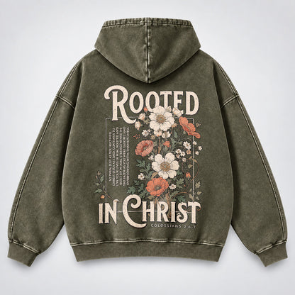 Rooted in Christ Washed Hoodie – Vintage Floral Bible Verse Christian Hoodie