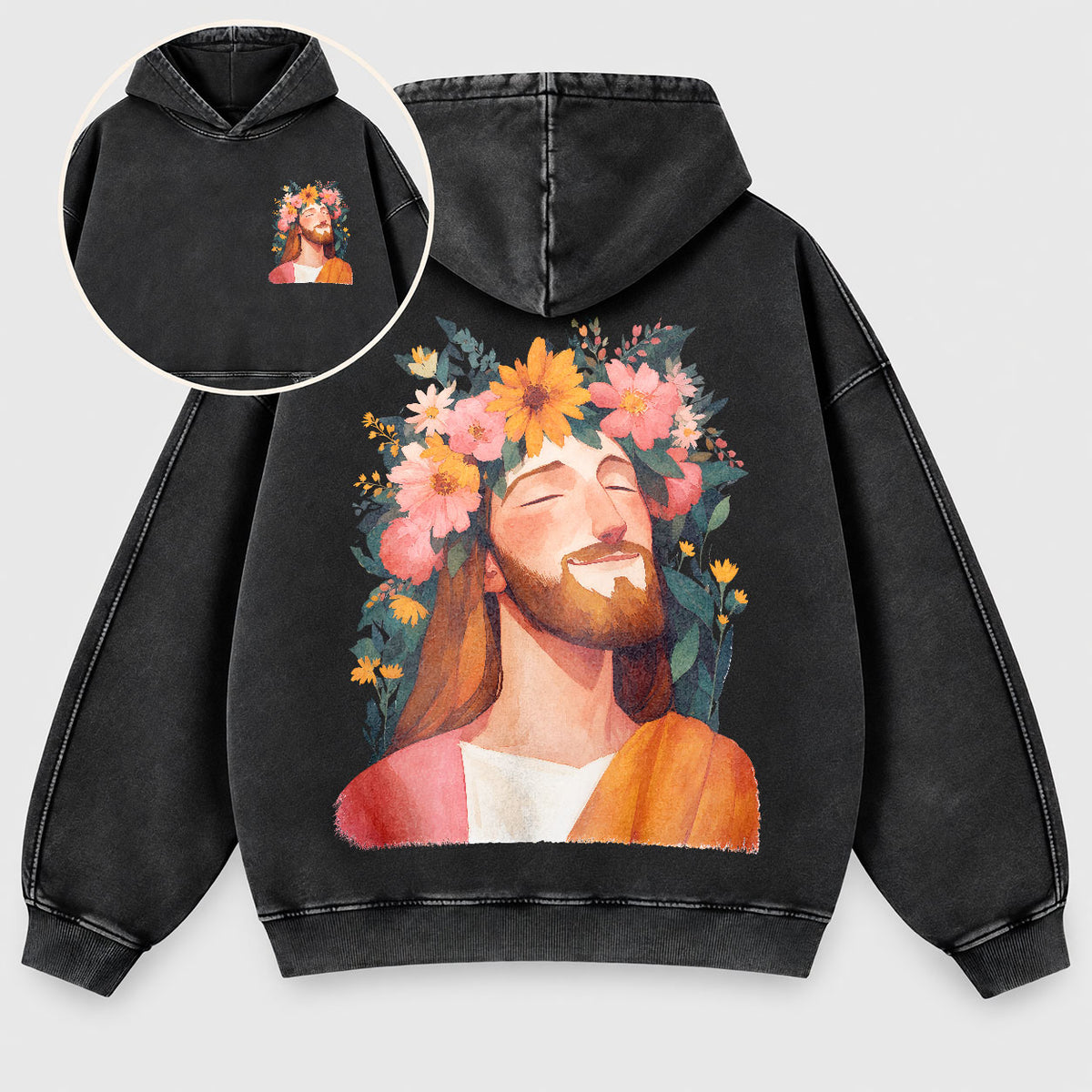 Jesus Floral Crown Washed Hoodie – Watercolor Christian Faith Hoodie