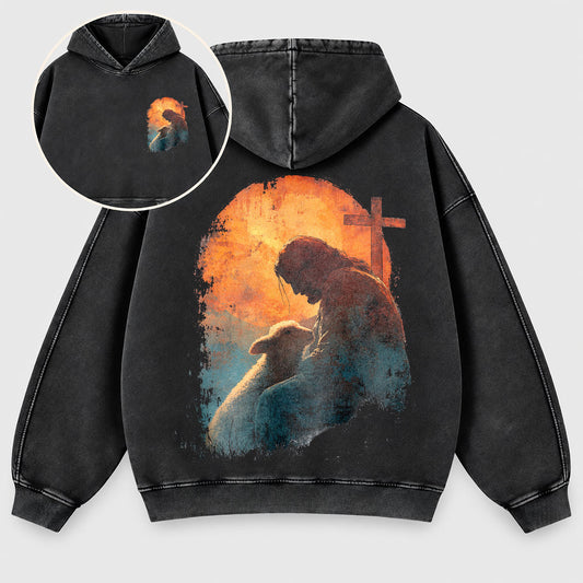 Jesus Good Shepherd Washed Hoodie – Lamb & Cross Christian Hoodie