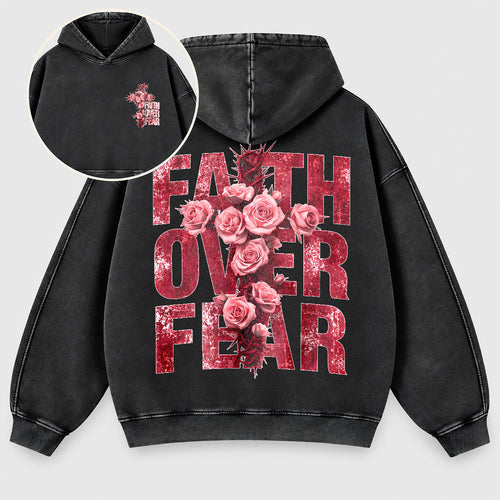 Faith Over Fear Washed Hoodie - Roses & Crown of Thorns Vintage Christian Hoodie