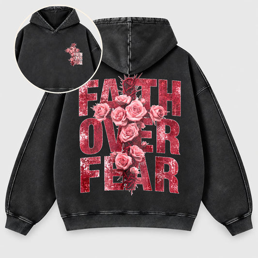 Faith Over Fear Washed Hoodie - Roses & Crown of Thorns Vintage Christian Hoodie
