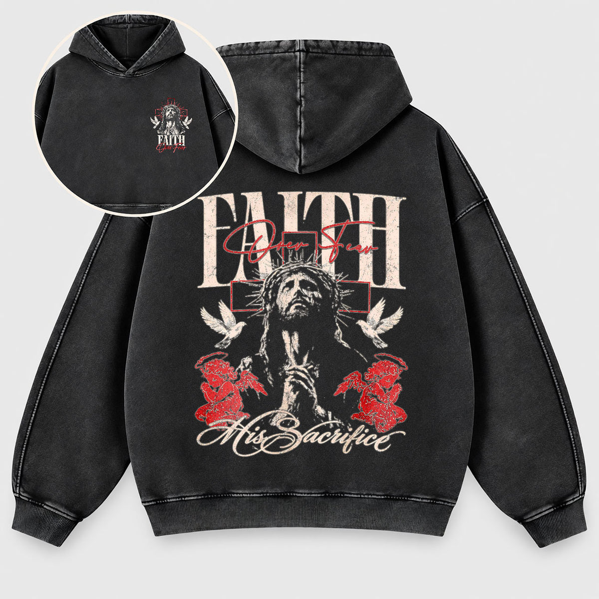 Faith Over Fear Washed Hoodie – Vintage Bootleg Jesus Christian Streetwear Hoodie