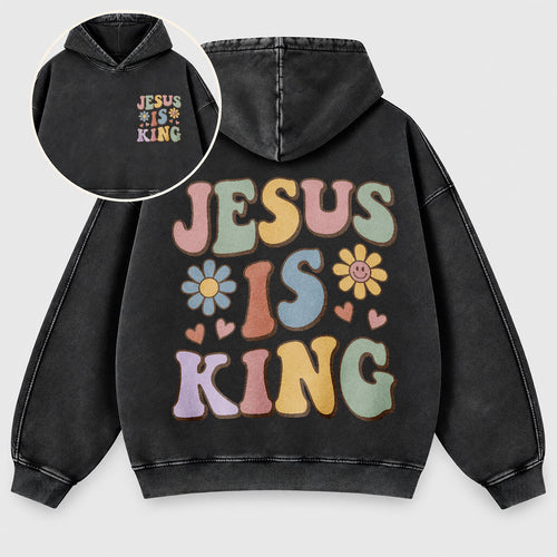 Jesus Is King Washed Hoodie – Retro Groovy Pastel Daisy Christian Hoodie
