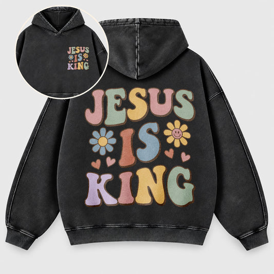 Jesus Is King Washed Hoodie – Retro Groovy Pastel Daisy Christian Hoodie