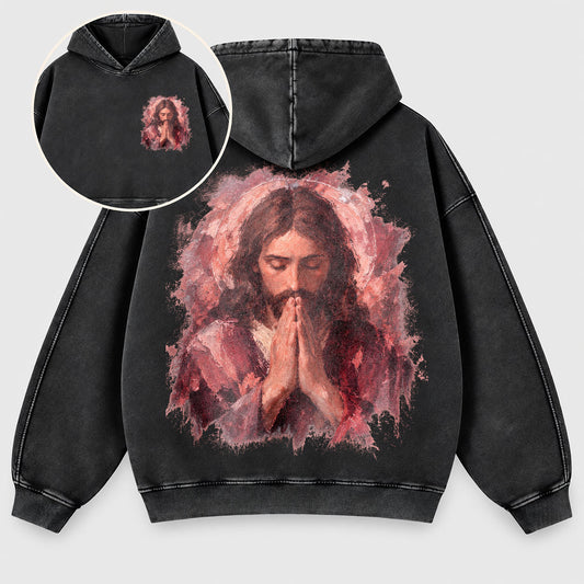Praying Jesus Washed Hoodie – Sacred Oil Painting Christian Hoodie