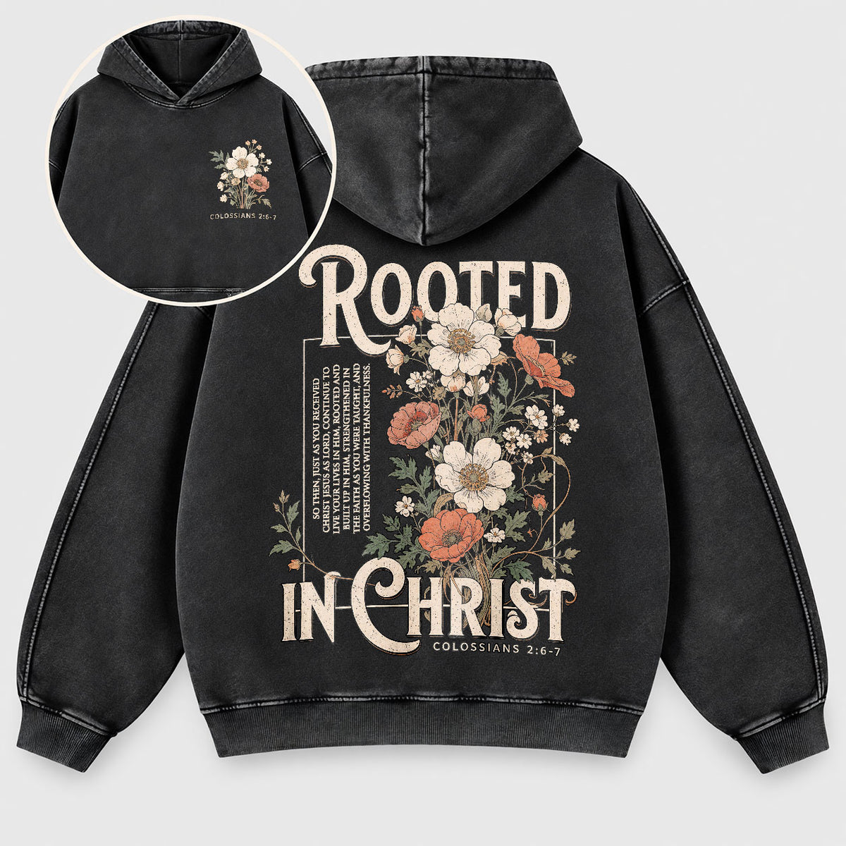 Rooted in Christ Washed Hoodie – Vintage Floral Bible Verse Christian Hoodie