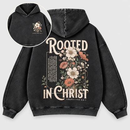 Rooted in Christ Washed Hoodie – Vintage Floral Bible Verse Christian Hoodie