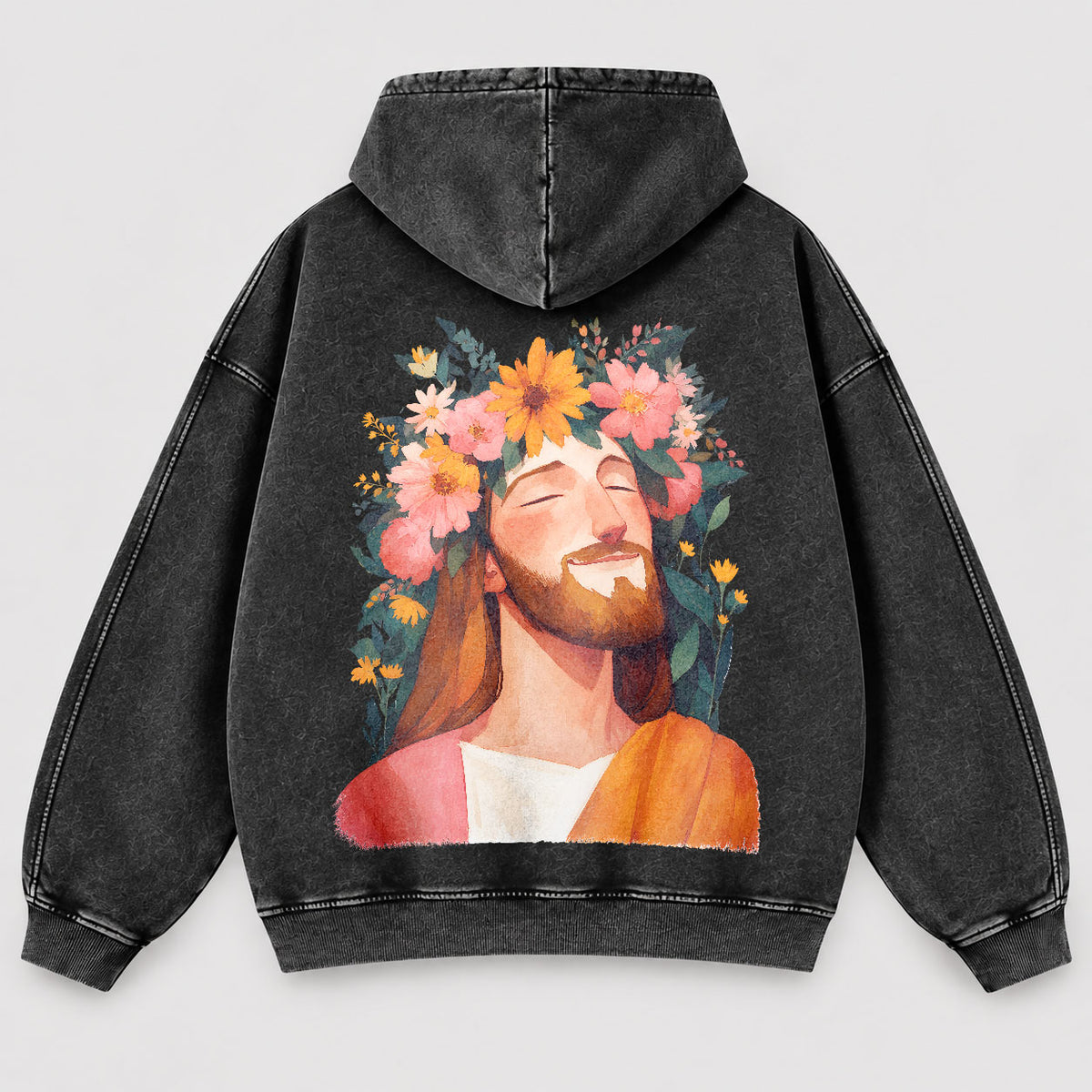 Jesus Floral Crown Washed Hoodie – Watercolor Christian Faith Hoodie