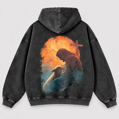 Jesus Good Shepherd Washed Hoodie – Lamb & Cross Christian Hoodie