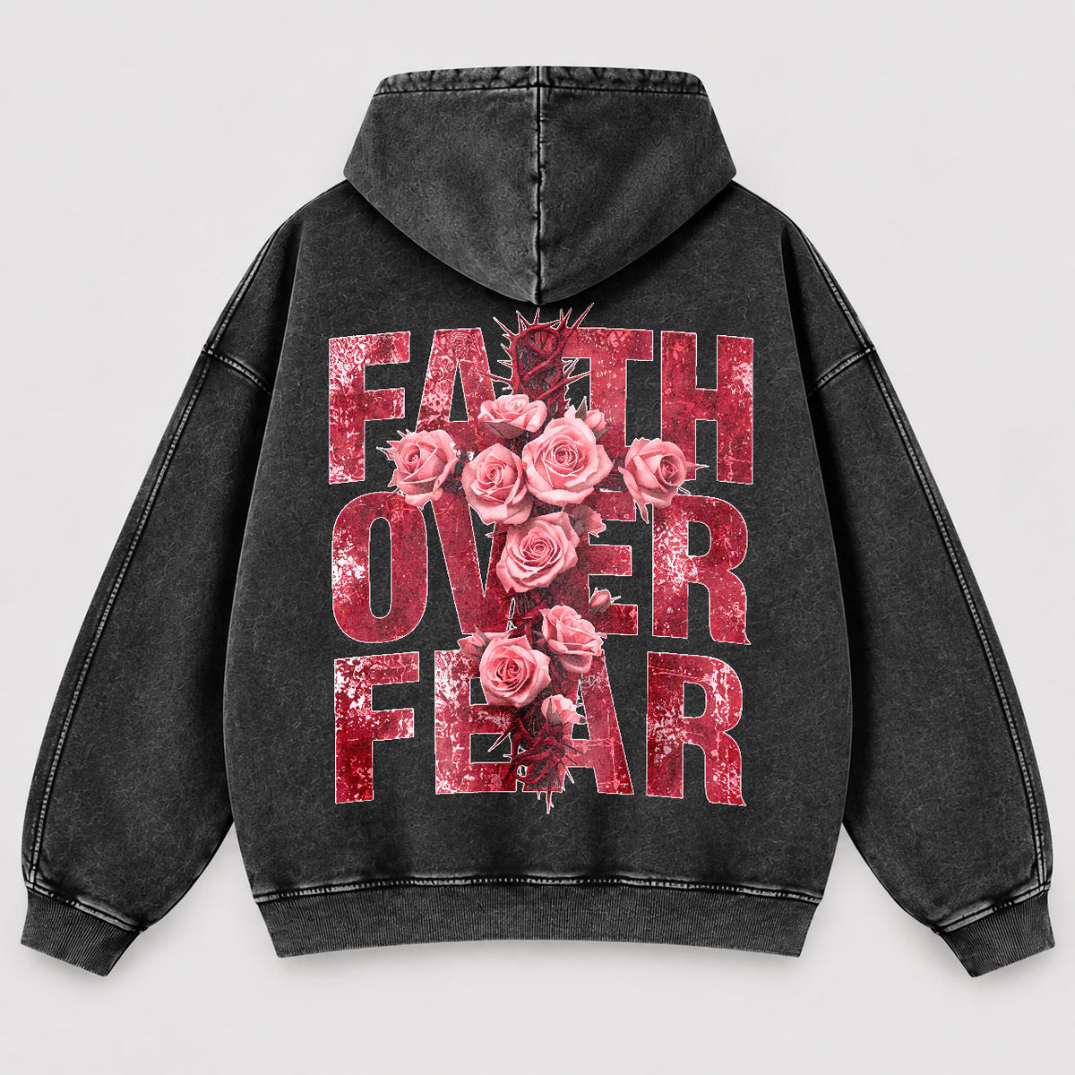 Faith Over Fear Washed Hoodie - Roses & Crown of Thorns Vintage Christian Hoodie