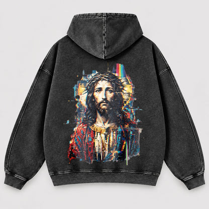 Jesus Glitch Art Washed Hoodie