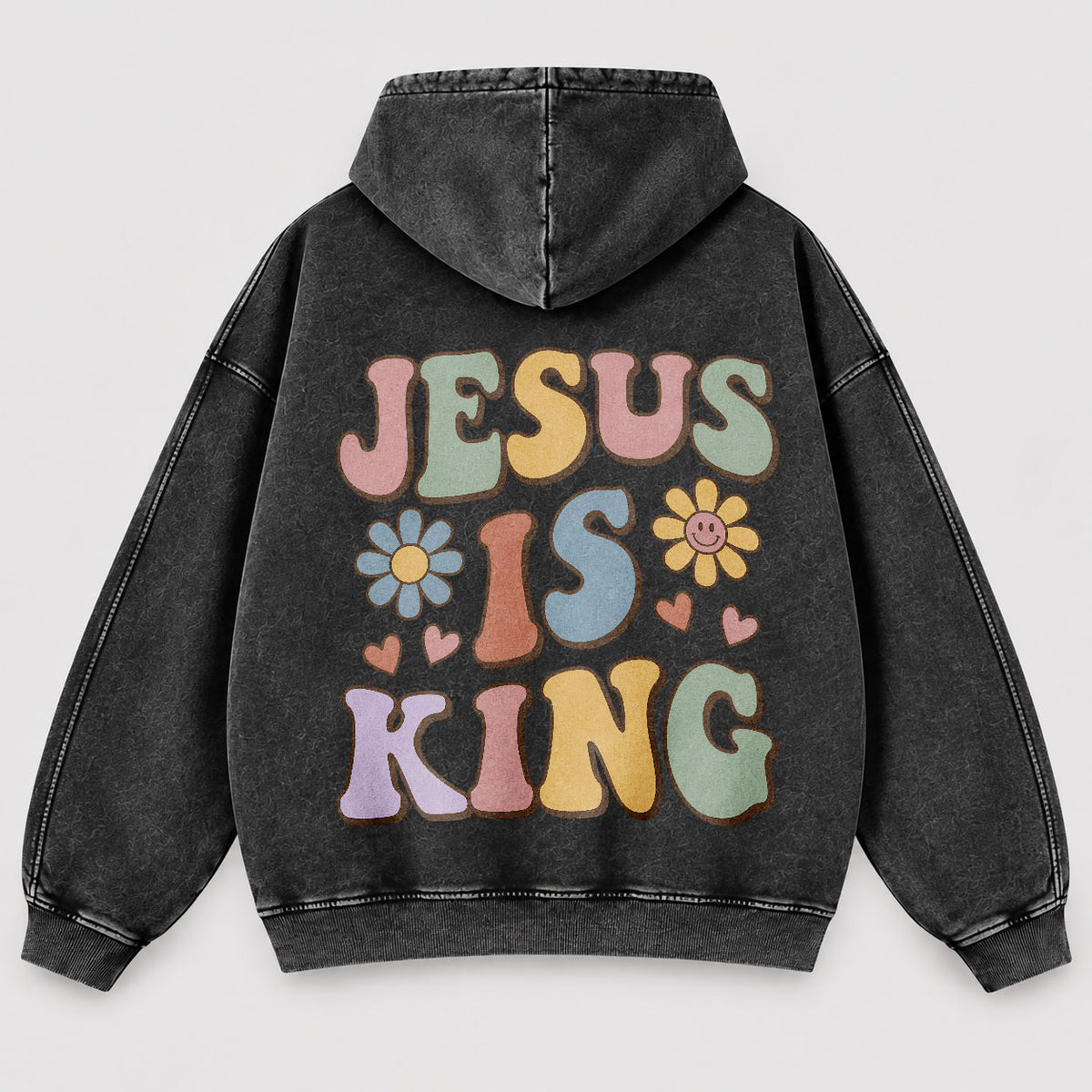 Jesus Is King Washed Hoodie – Retro Groovy Pastel Daisy Christian Hoodie