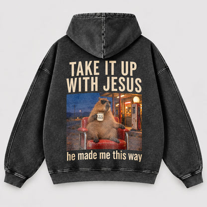 Take It Up With Jesus Hoodie – Funny Capybara Christian Washed Hoodie