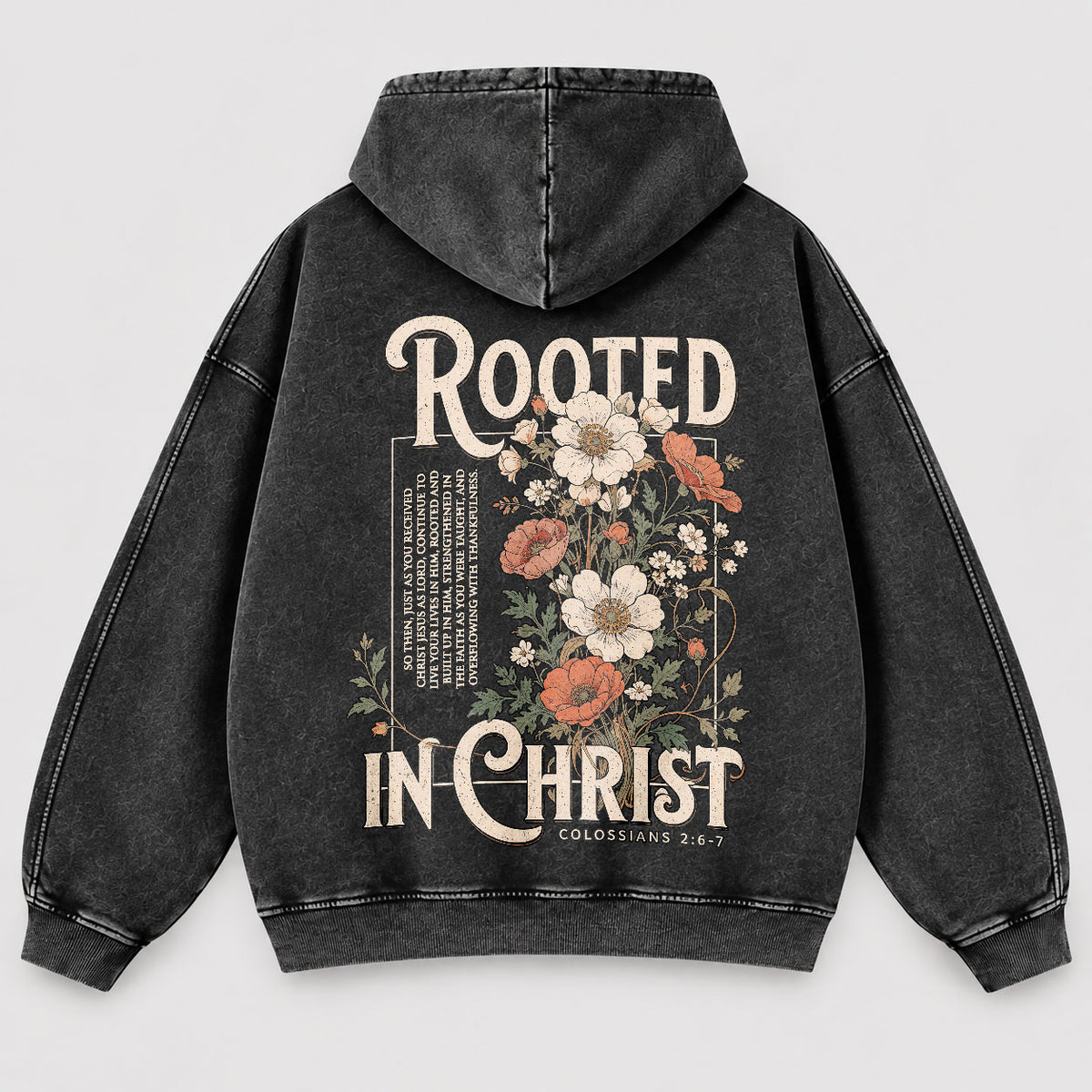 Rooted in Christ Washed Hoodie – Vintage Floral Bible Verse Christian Hoodie