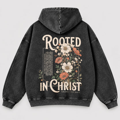 Rooted in Christ Washed Hoodie – Vintage Floral Bible Verse Christian Hoodie
