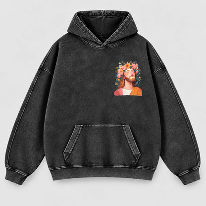 Jesus Floral Crown Washed Hoodie – Watercolor Christian Faith Hoodie