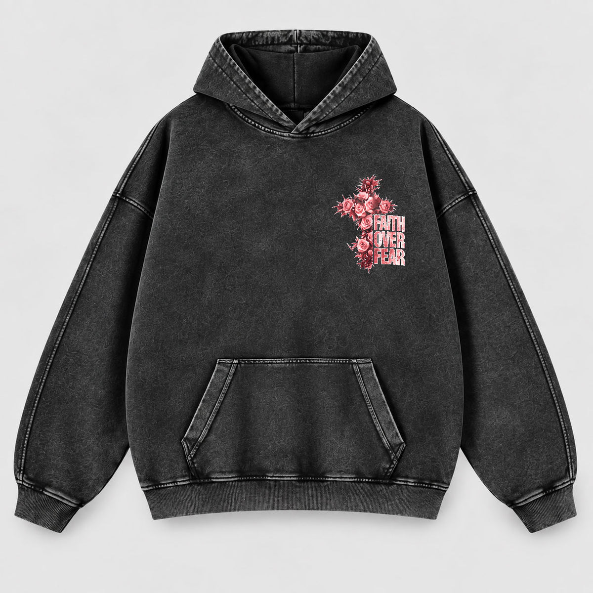 Faith Over Fear Washed Hoodie - Roses & Crown of Thorns Vintage Christian Hoodie