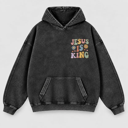 Jesus Is King Washed Hoodie – Retro Groovy Pastel Daisy Christian Hoodie