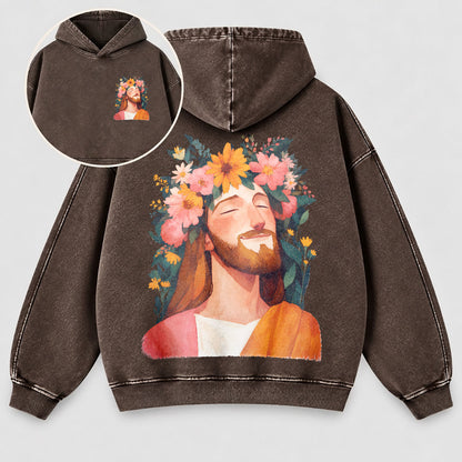 Jesus Floral Crown Washed Hoodie – Watercolor Christian Faith Hoodie