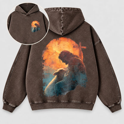 Jesus Good Shepherd Washed Hoodie – Lamb & Cross Christian Hoodie