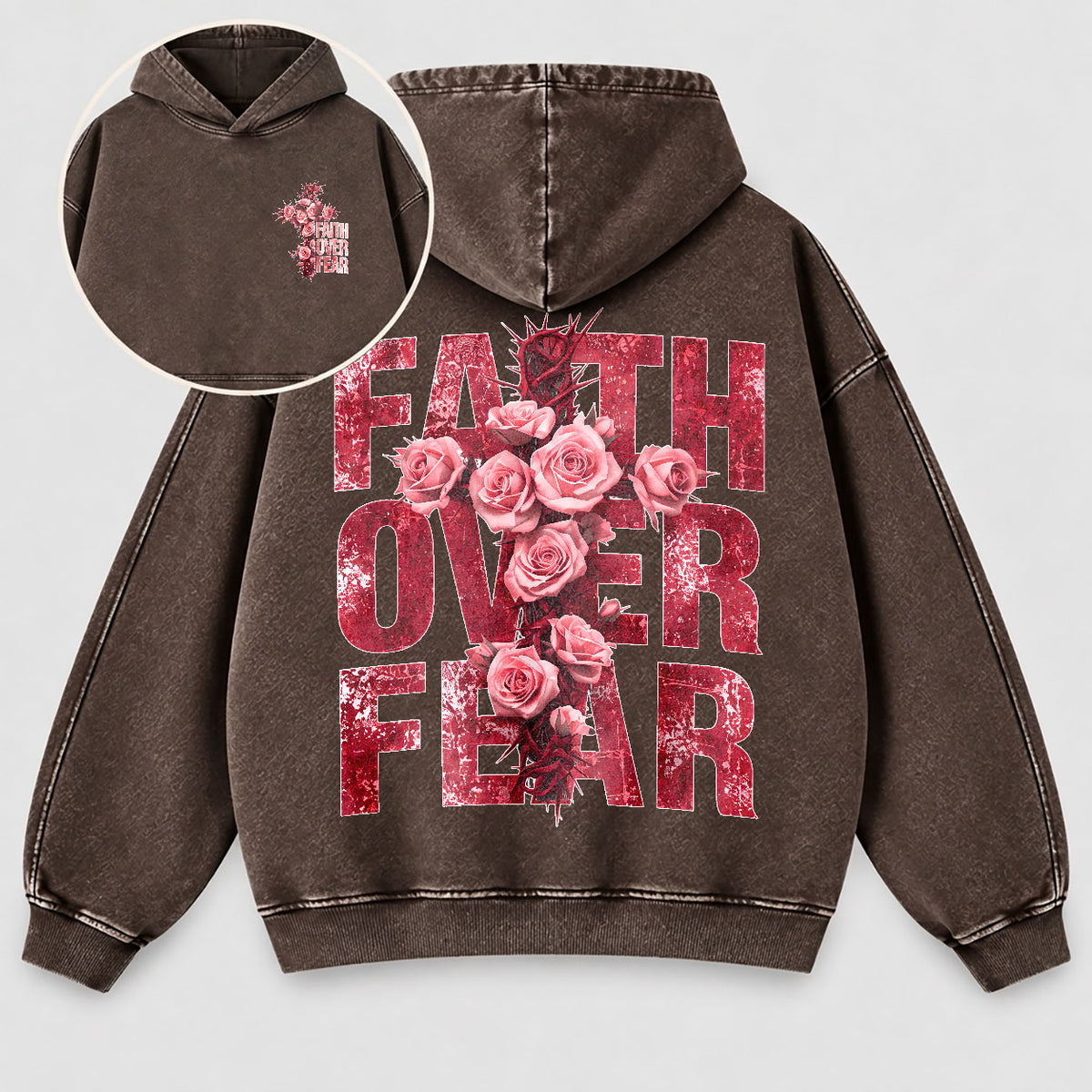 Faith Over Fear Washed Hoodie - Roses & Crown of Thorns Vintage Christian Hoodie