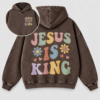 Jesus Is King Washed Hoodie – Retro Groovy Pastel Daisy Christian Hoodie