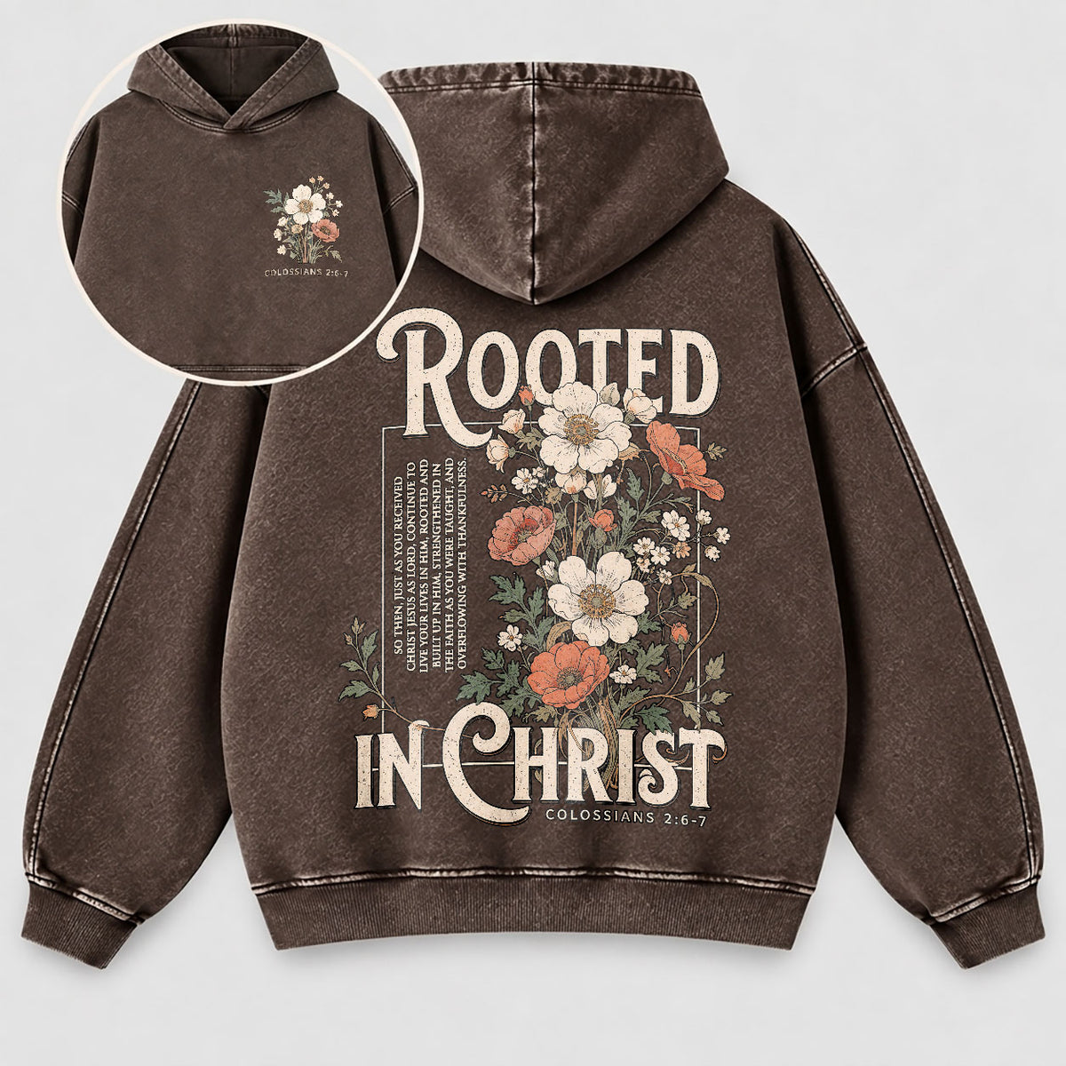Rooted in Christ Washed Hoodie – Vintage Floral Bible Verse Christian Hoodie