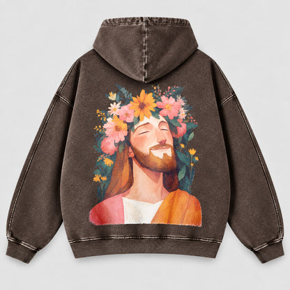 Jesus Floral Crown Washed Hoodie – Watercolor Christian Faith Hoodie
