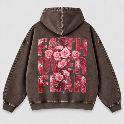 Faith Over Fear Washed Hoodie - Roses & Crown of Thorns Vintage Christian Hoodie