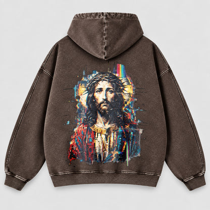 Jesus Glitch Art Washed Hoodie